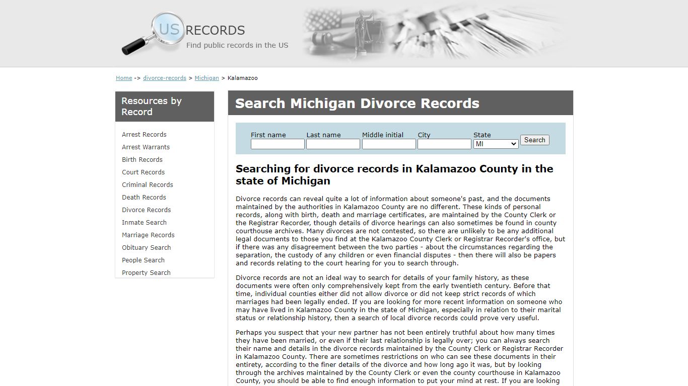 Search Divorce Records Kalamazoo Michigan | US Records